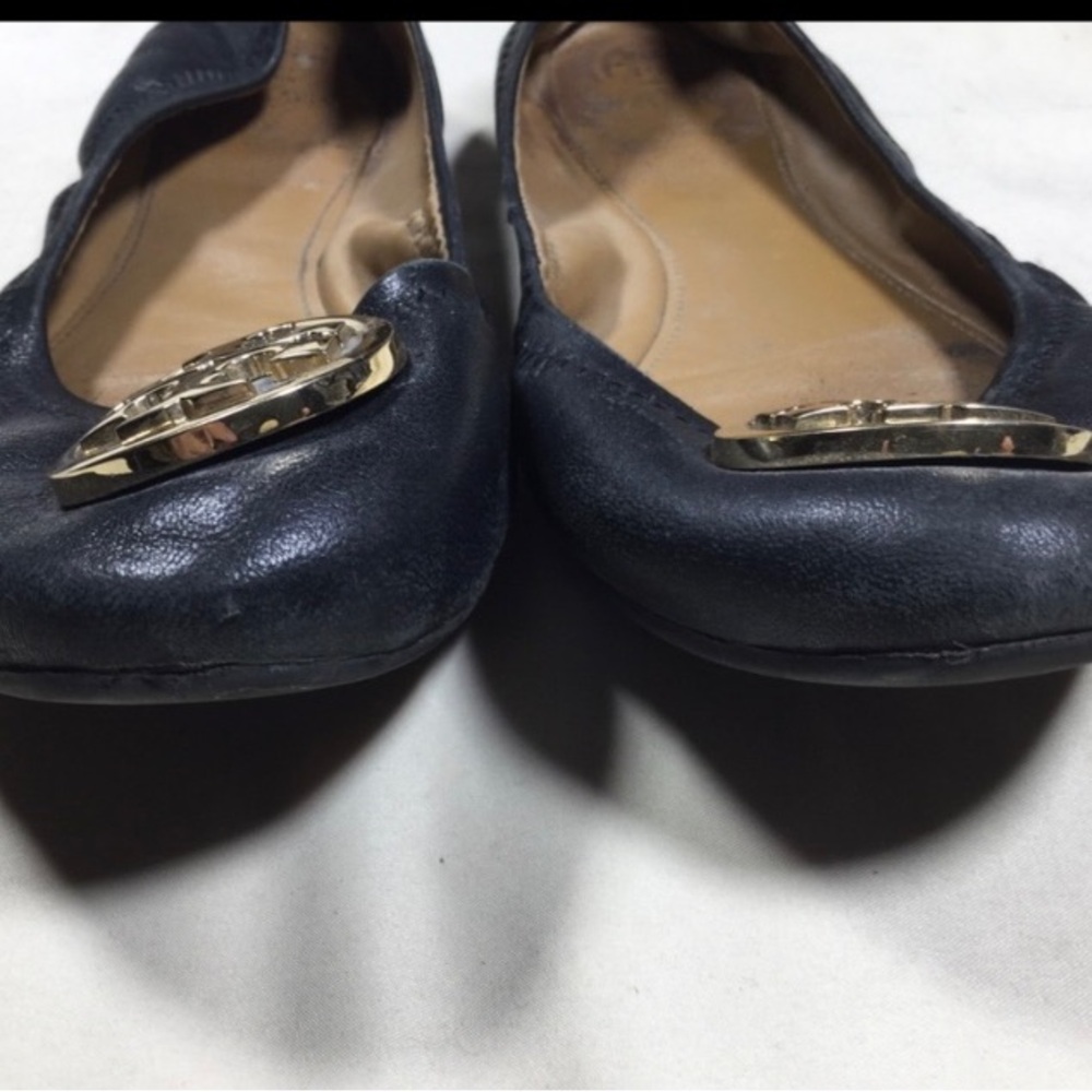 Tory Burch Benton Black Leather Ballet Flats with Gold Logo Women’s 10 - Picture 2 of 8
